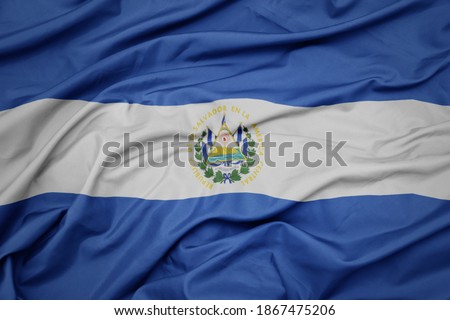 waving colorful national flag of el salvador. macro shot