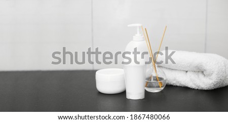 spa concept, cotton white jars, copy space, top view