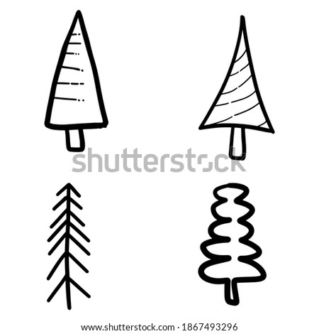 Set of hand drawn christmas trees, decoration trees, hand drawn, handmade rough doodles. Happy New Year, Merry Christmas, Xmas related doodles on white background. End year holidays EPS Vector