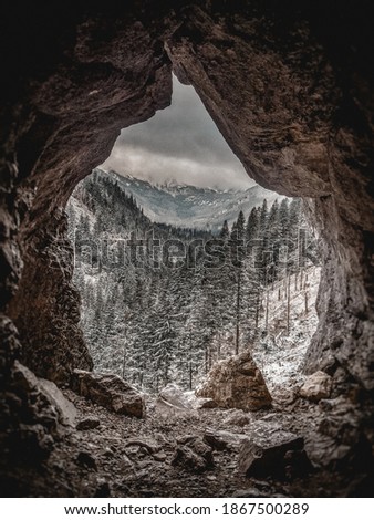 Beautiful autumn scenery, view from a cave in the Tatra Mountains, Poland