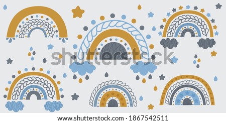 Cute set of 6 abstract rainbows with clouds, stars and drops in the Scandinavian style on a light gray background. Clip art in gray, pale blue and yellow colors for baby products and nursery. Vector.