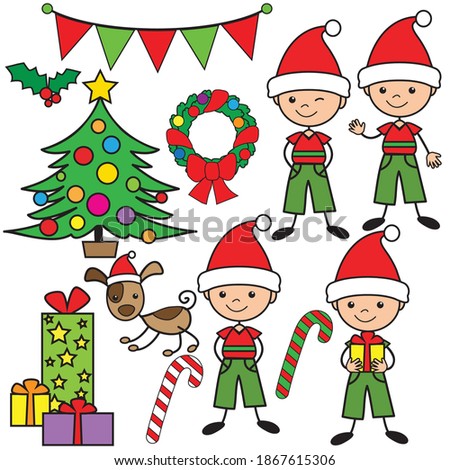 Christmas boy elf stick figure vector cartoon illustration