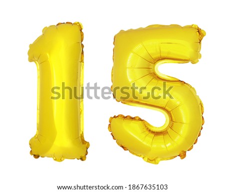 Golden balloons on isolated white background, number 15