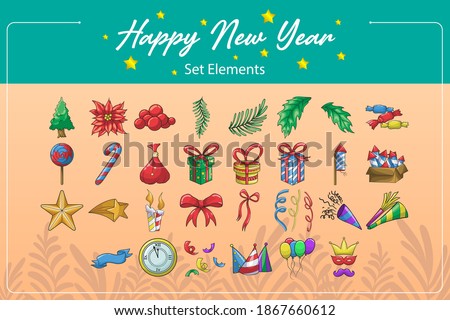 Happy New Year, Vector design, hand drawn cartoon illustration.
An illustration consists of separate objects and symbols.
The vector format allows you to enhance and edit images without losing quality