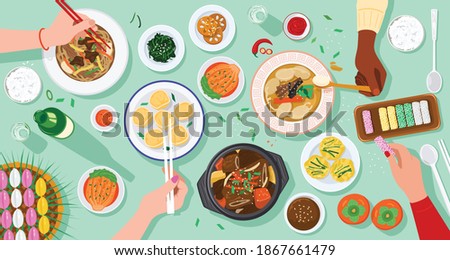 Top view of people enjoying Korean food together Royalty-Free Stock Photo #1867661479