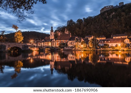 Picture of a panorama city view of the market Kallmünz Kallmuenz in Bavaria and the rivers Naab and Vils and the castle ruin on the mountain, Germany