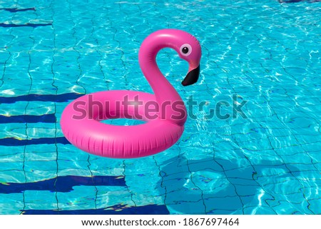 Summer time. Pink inflatable flamingo in pool water for summer beach background. Funny bird toy for kids.