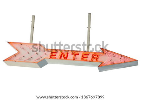 Vintage arrow hanging sign with enter words neon lighting isolated on white