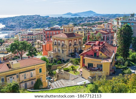 Naples, Italy - one of the historical districts in Naples, Chiaia displays a wonderful architecture and luxury residences. Here the district seen from the Certosa fortress Royalty-Free Stock Photo #1867712113