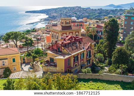 Naples, Italy - one of the historical districts in Naples, Chiaia displays a wonderful architecture and luxury residences. Here the district seen from the Certosa fortress Royalty-Free Stock Photo #1867712125