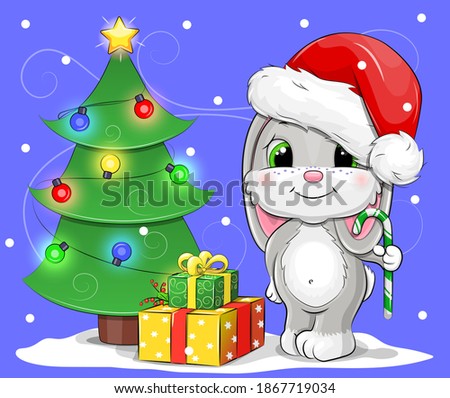 Cute cartoon rabbit with Santa hat, candy cane, gifts, tree. Christmas vector illustration on the blue background. 