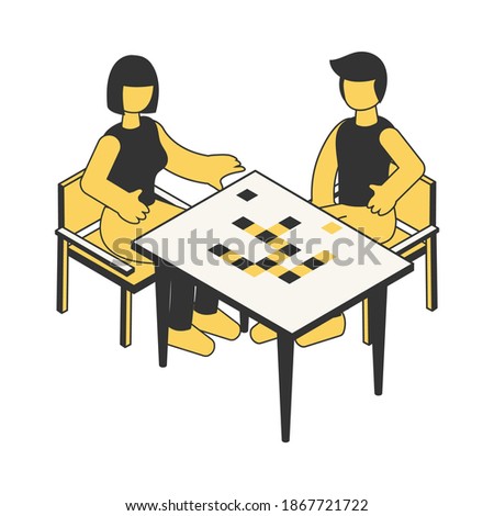 Home leisure isometric hand drawn with playing board games vector illustration