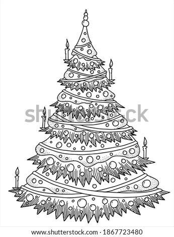 Christmas tree with candles. Line art card, hand drawn. Good for card, poster, print, children coloring book