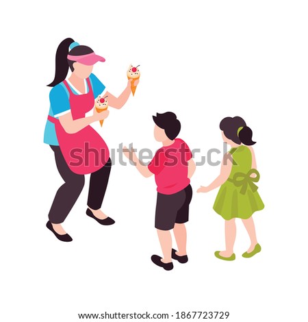 Isometric ice cream cafe composition with pair of kids taking icecream from female seller vector illustration