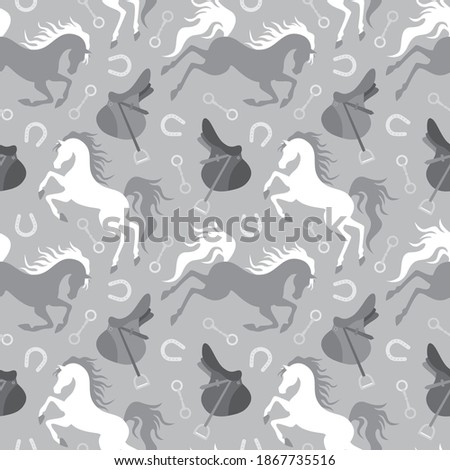 Gray and white horse, saddle and horseshoe silhouette seamless pattern. Vector illustration.