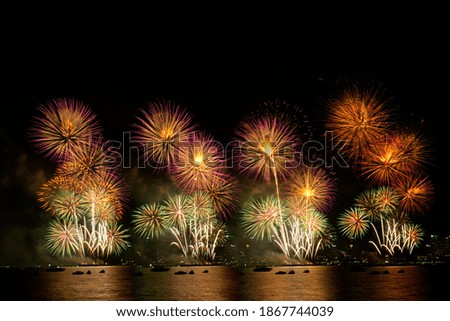 Colorful fireworks celebration and the night sky background with crowded people on the beach.