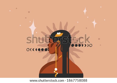 Hand drawn vector abstract stock flat graphic illustration with ethnic tribal black beautiful african american woman,sun and magic moon phases in simple style ,isolated on pastel background