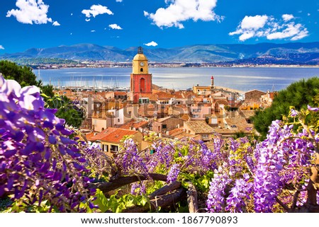 Saint Tropez village church tower and old rooftops view, famous tourist destination on Cote d Azur, Alpes-Maritimes department in southern France Royalty-Free Stock Photo #1867790893