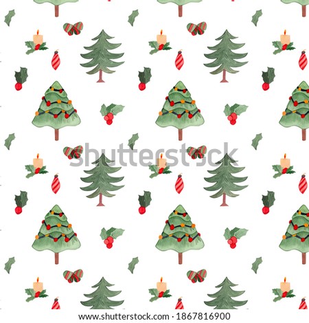 Christmas Trees and Mistletoes Illustration. Watercolor Christmas Pattern. Holiday decorative clip art. Winter trees and nature art. Cozy bright background for december celebration. 
