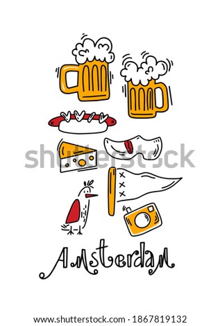 Poster with two glasses of beer, cheese, amsterdam flag, hot dog, camera, seagull and klomps. Amsterdam vector elements set. Travel and Tourism Concept. Travel poster, postcard