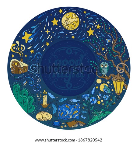 Round frame with wishes of good night. Hand drawn vector illustration. Doodle style.