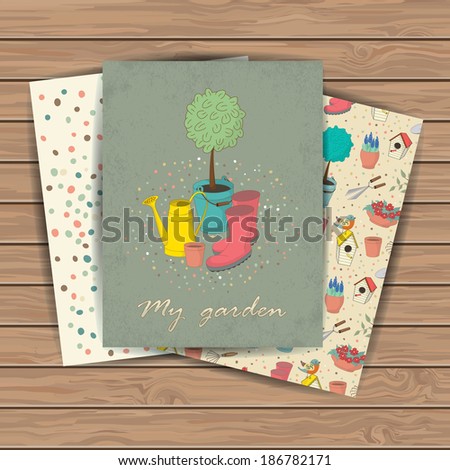 Decorative hand drawn cards with garden tools on wood plank background. Template for design textile, greeting cards, wrapping paper, packages, backgrounds. Vintage vector illustration.