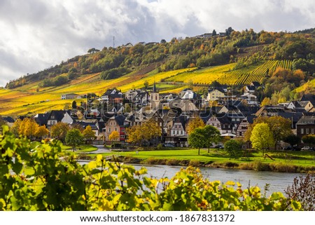 Moselle landscape and vineyards in golden autumn colors, travel and holiday destination in Germany. Royalty-Free Stock Photo #1867831372