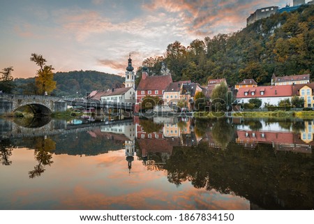 Picture of a panorama city view of the market Kallmünz Kallmuenz in Bavaria and the rivers Naab and Vils and the castle ruin on the mountain, Germany