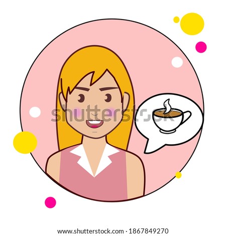 Cartoon woman wearing pink clothes thinking want to eat coffee