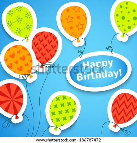 Happy birthday colorful applique background. Vector illustration for your funny holiday design. Banner of applique for your greeting postcard. Balloon and frame cut out white paper. Blue, white color.