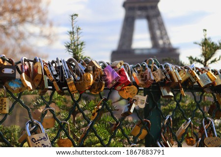 Paris love locks on a Bridge in front of Eiffel Tower. Spread love with a love lock.