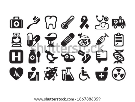 Healthcare and Medicine Icons. Editable. Contains such icons as Healthcare, Nurse, Hospital, Medicine, Ambulance