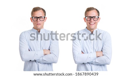 Two portraits of young man in glasses an shirt. Male student is good or bad mood. Opposite emotions, sad and cheerful, happy and unhappy. Royalty-Free Stock Photo #1867890439