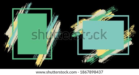 Modern frames with paint brush strokes vector collection. Box borders with painted brushstrokes on black. Advertising graphics design flat frame templates for banners, flyers, posters, cards.