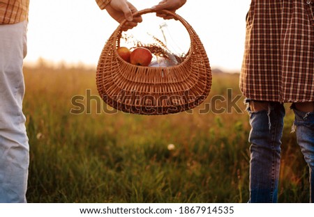 Picnic basket. Couple love. Basket. Summer time. Couple. Hands concept. 
