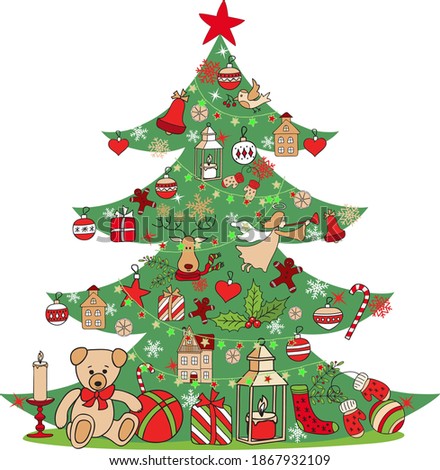 Christmas tree decoration, snowflakes, gifts. Winter holidays, vector 