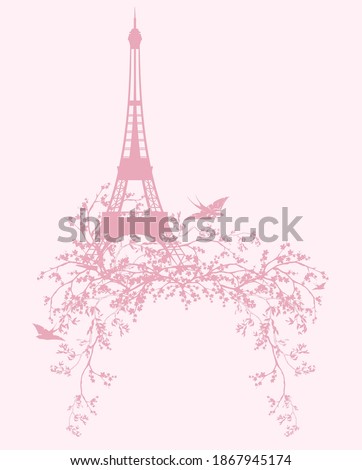 eiffel tower and blooming sakura tree branches with flying swallow birds - spring season Paris vector silhouette design