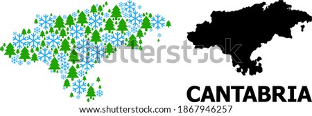 Vector composition map of Cantabria Province constructed for New Year, Christmas, and winter. Mosaic map of Cantabria Province is constructed of snow flakes and fir forest.