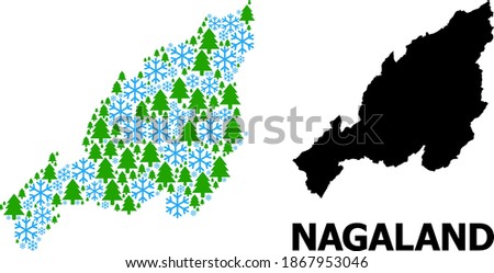 Vector mosaic map of Nagaland State designed for New Year, Christmas, and winter. Mosaic map of Nagaland State is composed of snow and fir forest.