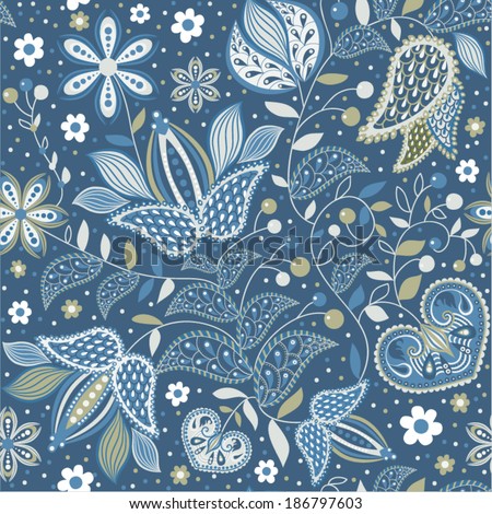 Blue paisley pattern. Vector indonesian batik. Floral paisley pattern. Indian floral fabric design. Blosson flowers vector illustration. Design for fabric, cover, wrapping paper, carpet Royalty-Free Stock Photo #186797603