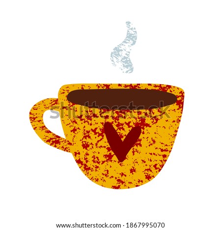 Cute mug with hot coffee. Hand drawn cup with tea, coffee isolated on white background. Burgundy yellow texture, Red heart, steam. Cozy vector sticker. Good morning, hygge breakfast symbol. Cafe menu