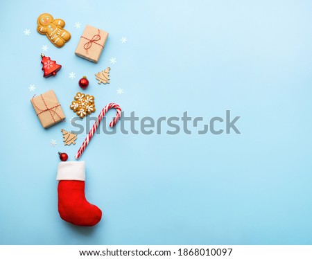 christmas stocking with christmas objects in a viewed from above. Medical concept. Greeting card. New Year and Christmas.