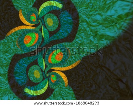 A hand drawing pattern made of orange red green and blue on a black background with ripped paper effect 