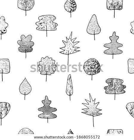 Trees with different textures, seamless pattern in grunge style. Hand drawn doodle. Editable vector illustration with clipping mask, isolated on white background. EPS 10