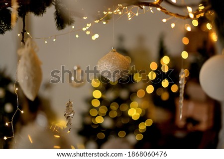 golden christmas lights decorations with big bokeh, new year background