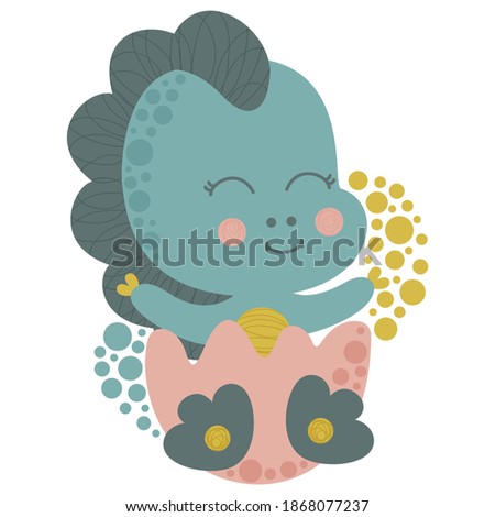 Cartoon single illustration of a little cute happy dinosaur hatching from an egg. Vector isolated baby tyrannosaurus for printing on baby t-shirt, newborn congratulations, baby shower, sticker. 
