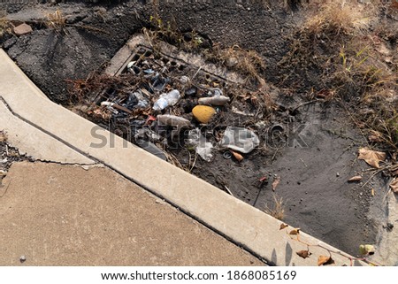 Mud and trash in a storm drain beside a clean sidewalk, pollution, horizontal aspect