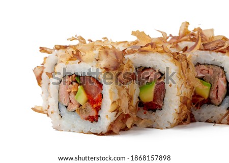 Sushi roll set with tuna shavings isolated on white