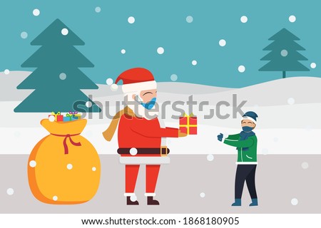 Christmas in new normal vector concept: Santa claus giving gift to little boy while wearing face mask