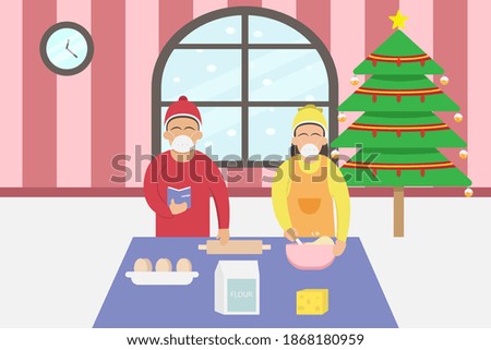 Christmas vector concept: Couple wearing face mask and making cake together in the kitchen with christmas tree background during coronavirus pandemic